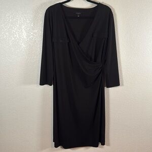 Talbots Black Faux Wrap 3/4 Sleeve MIDI Career Dress Double Pockets Size XL